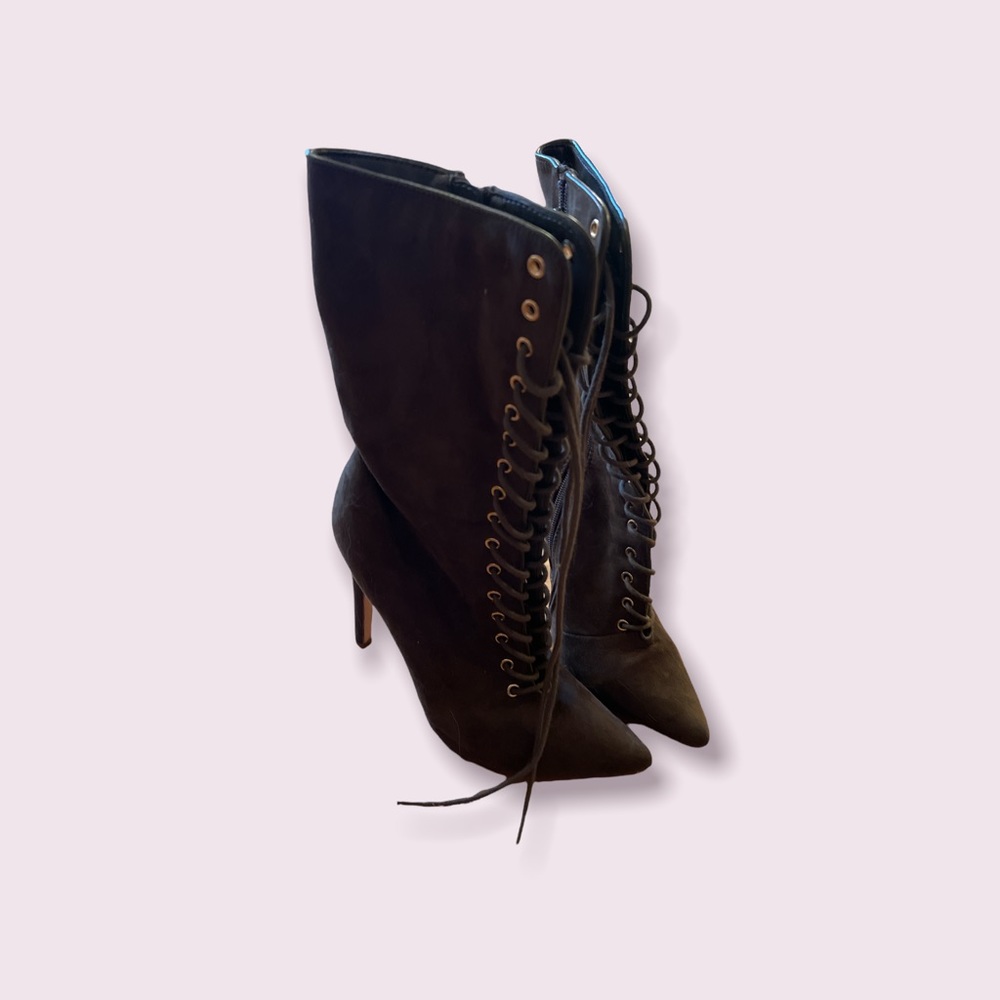 Army Green Suede Heeled Boot - Picture 6 of 7